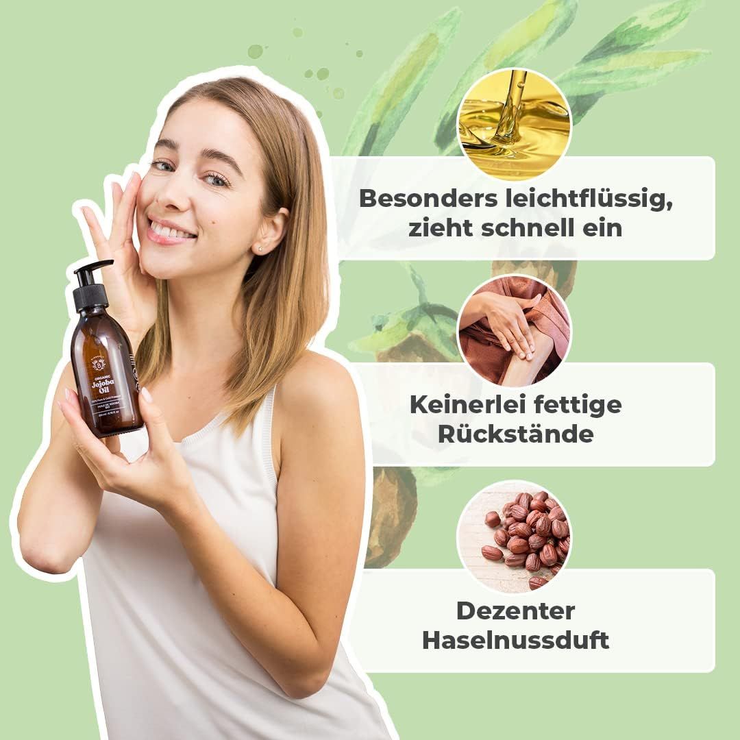 Braune Glasflasche mit schwarzem Pumpverschluss. Frau hält die Flasche. Text: Jojobaöl. Illustrationen zu Eigenschaften: leicht, keine Rückstände.