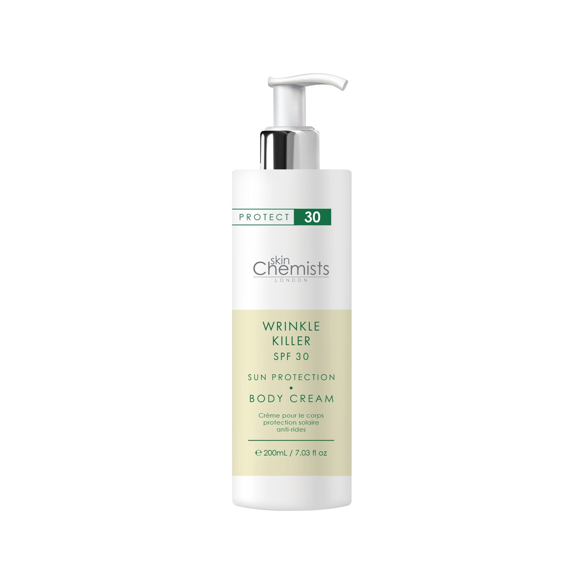 Weiße Flasche mit Pumpe. Aufschrift: Protect 30, Skin Chemists, Wrinkle Killer, SPF 30, Sun Protection Body Cream.