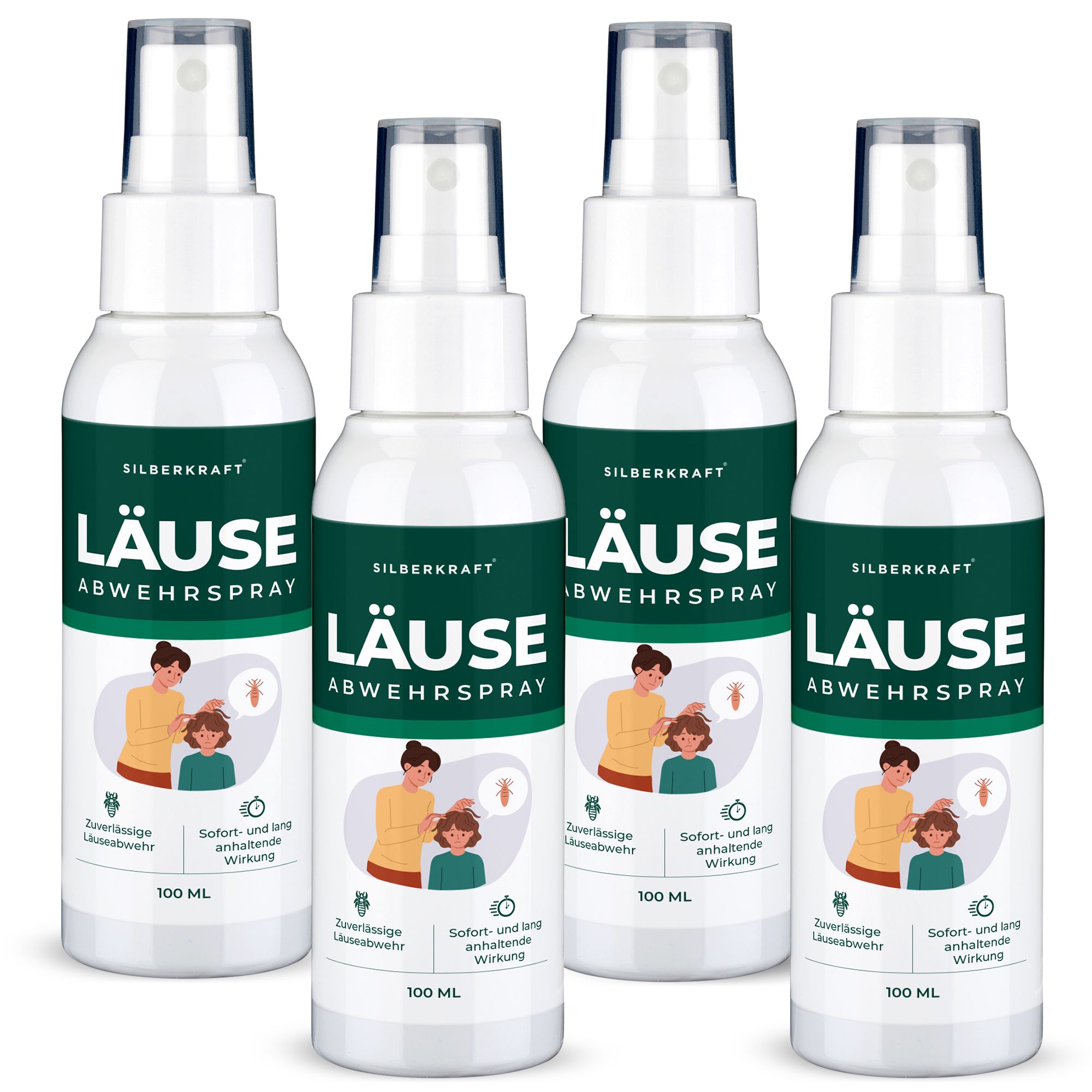 Vier weiße Sprühflaschen mit Etikett "Silberkraft Läuse Abwehrspray", 100 ml. Zeigt eine Mutter mit Kind und Läuse.