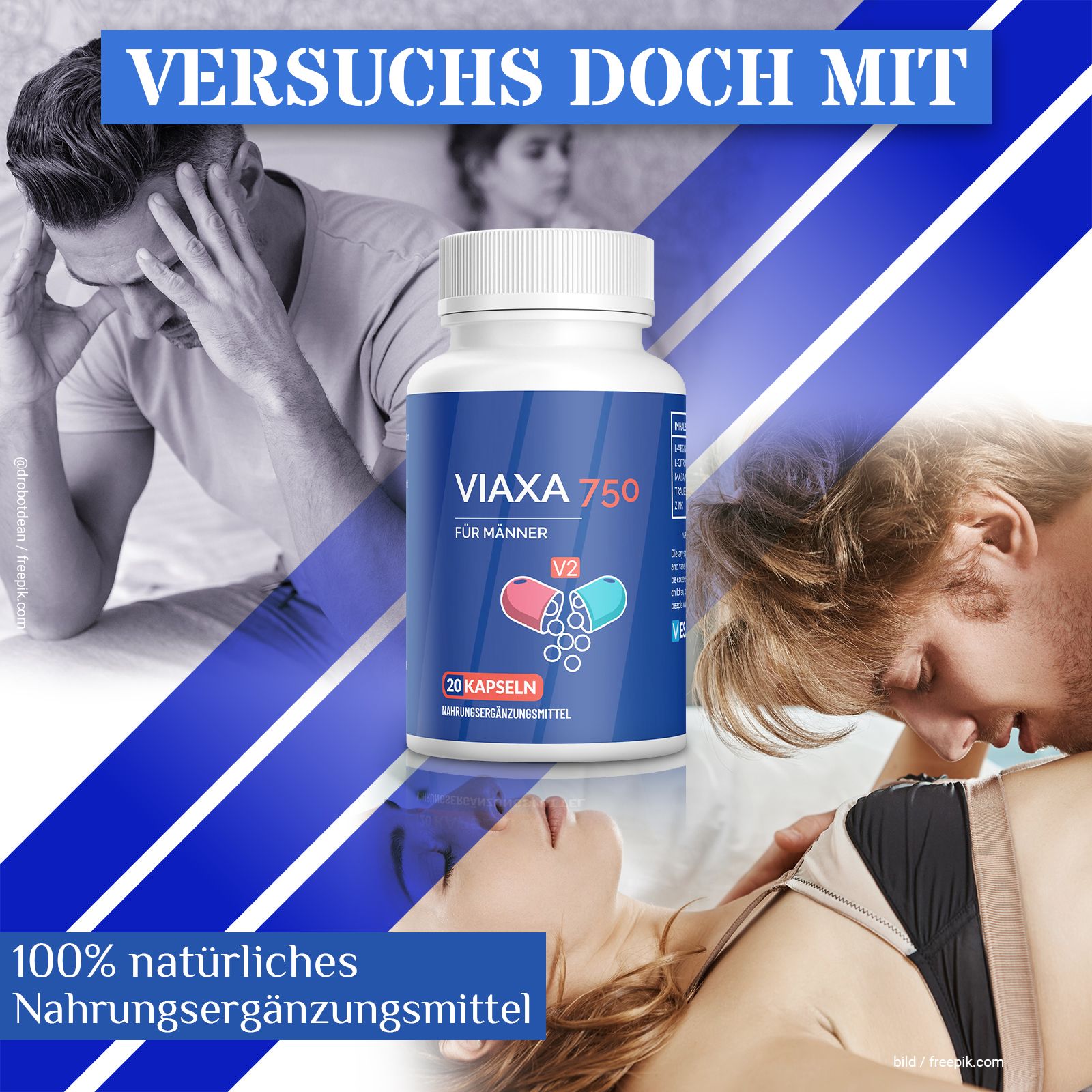 Flasche mit Viaxa 750 für Männer. Aufschrift: 20 Kapseln. Hintergrund: Mann mit Kopfschmerzen, Paare.