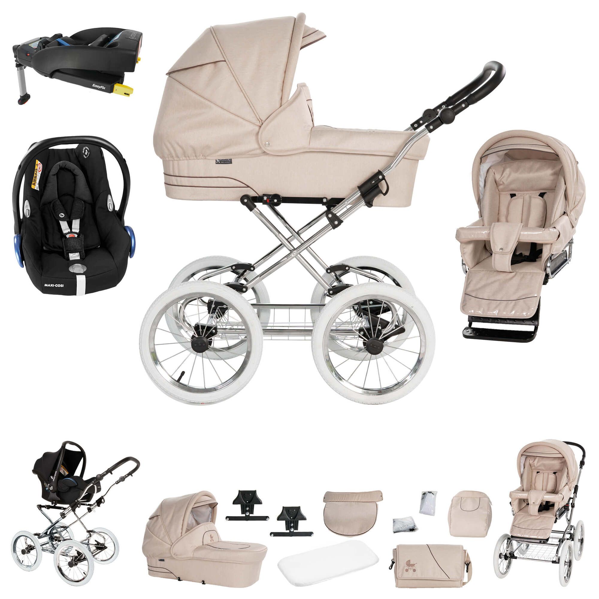 Kinderwagen mit Maxi Cosi und Easyfix Station. Beige Stoff, Chromgestell, weiße Räder. Mehrere Ansichten und Zubehör.