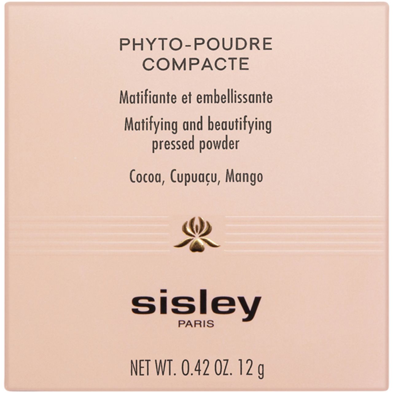 Verpackung der Phyto-Poudre Compacte. Text: 'Matifiant et embellissante', 'Cocoa, Cupuaçu, Mango'. Marke Sisley.
