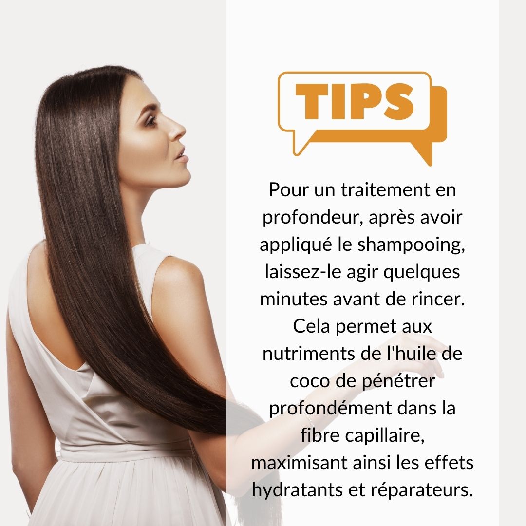 Femme aux cheveux longs et bruns. Texte : Conseils pour un traitement en profondeur à l'huile de coco.