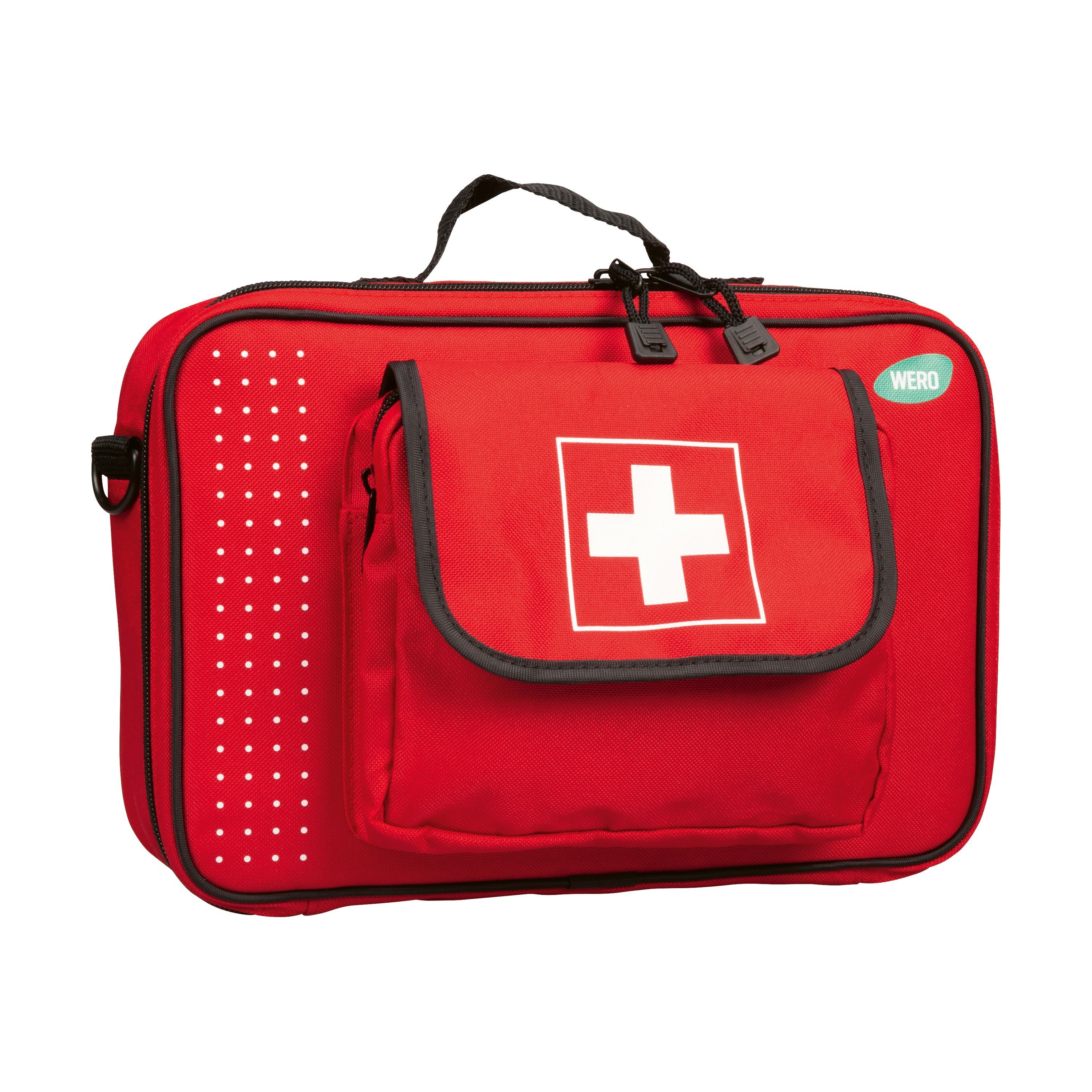 Rote Erste-Hilfe-Tasche mit Tragegriff. Weißes Kreuz auf der Front. Mit WERO-Logo. Seitlich weiße Punkte. Schwarze Reißverschlüsse.