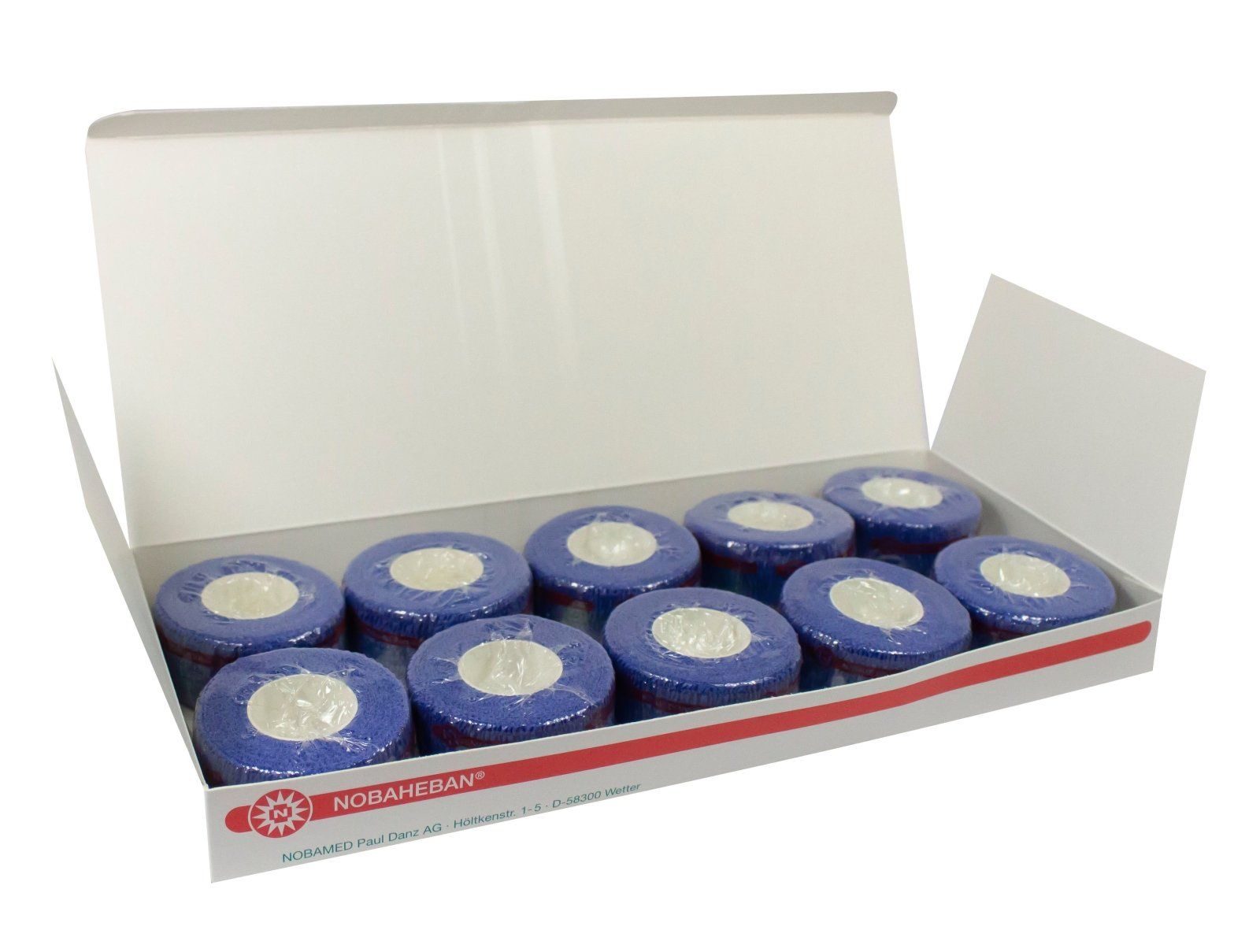Geöffnete Schachtel mit 10 gerollten, blauen Kompressionsbinden. Weiße Innenverpackung.
