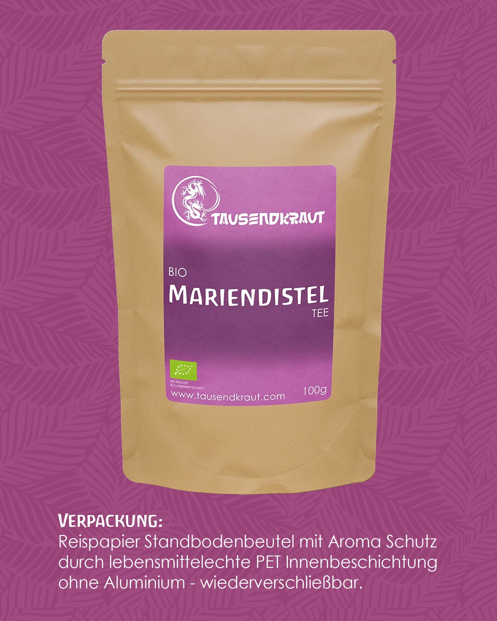 Beutel mit Mariendistel Tee BIO. Aufkleber mit Logo, Produktname, Bio-Siegel und Gewicht. Braune Papierverpackung. Text: Verpackung.