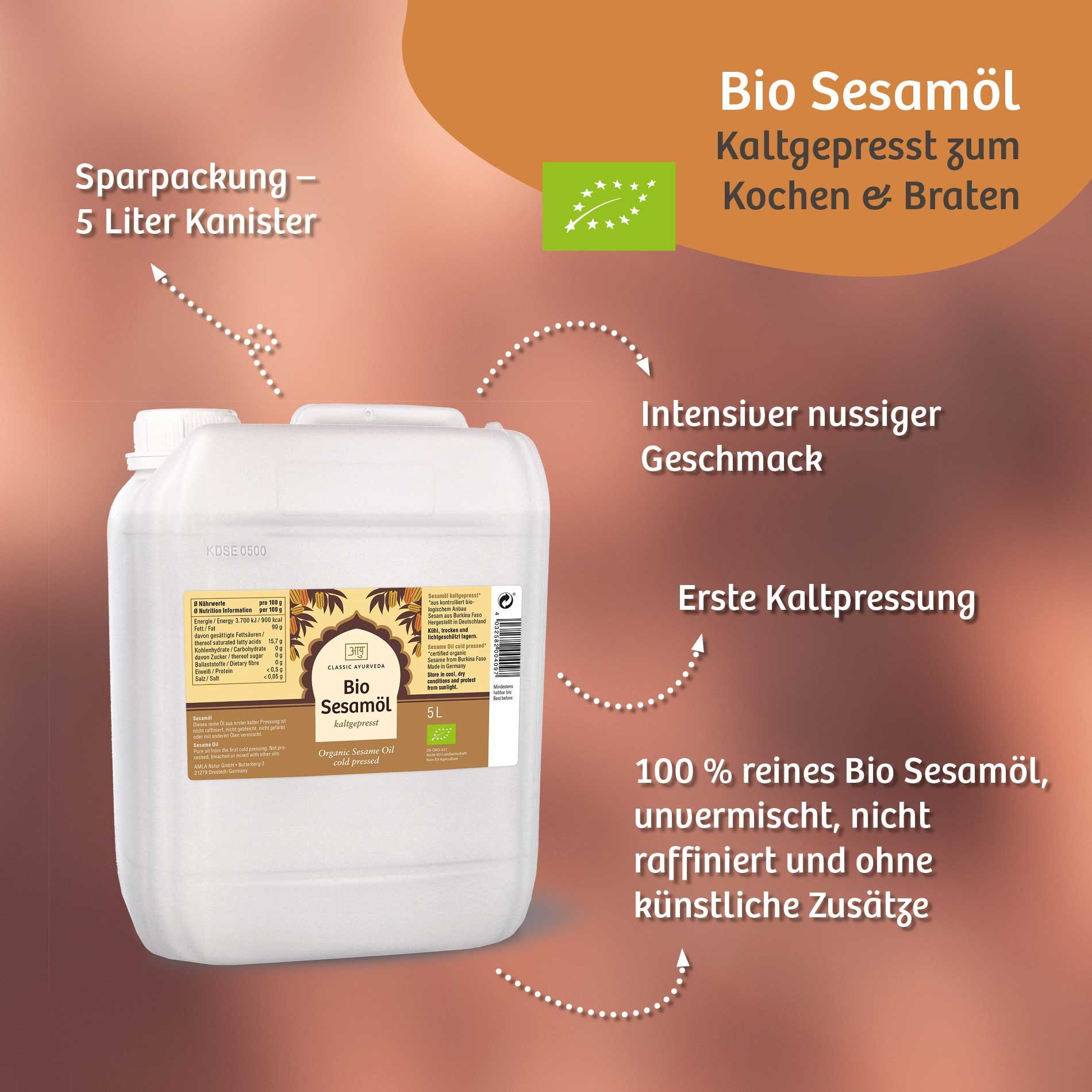 Weißer Kanister mit Bio Sesamöl. Aufschrift: Bio Sesamöl, 5 Liter, kaltgepresst. Bio-Siegel. Text: Intensiver nussiger Geschmack.