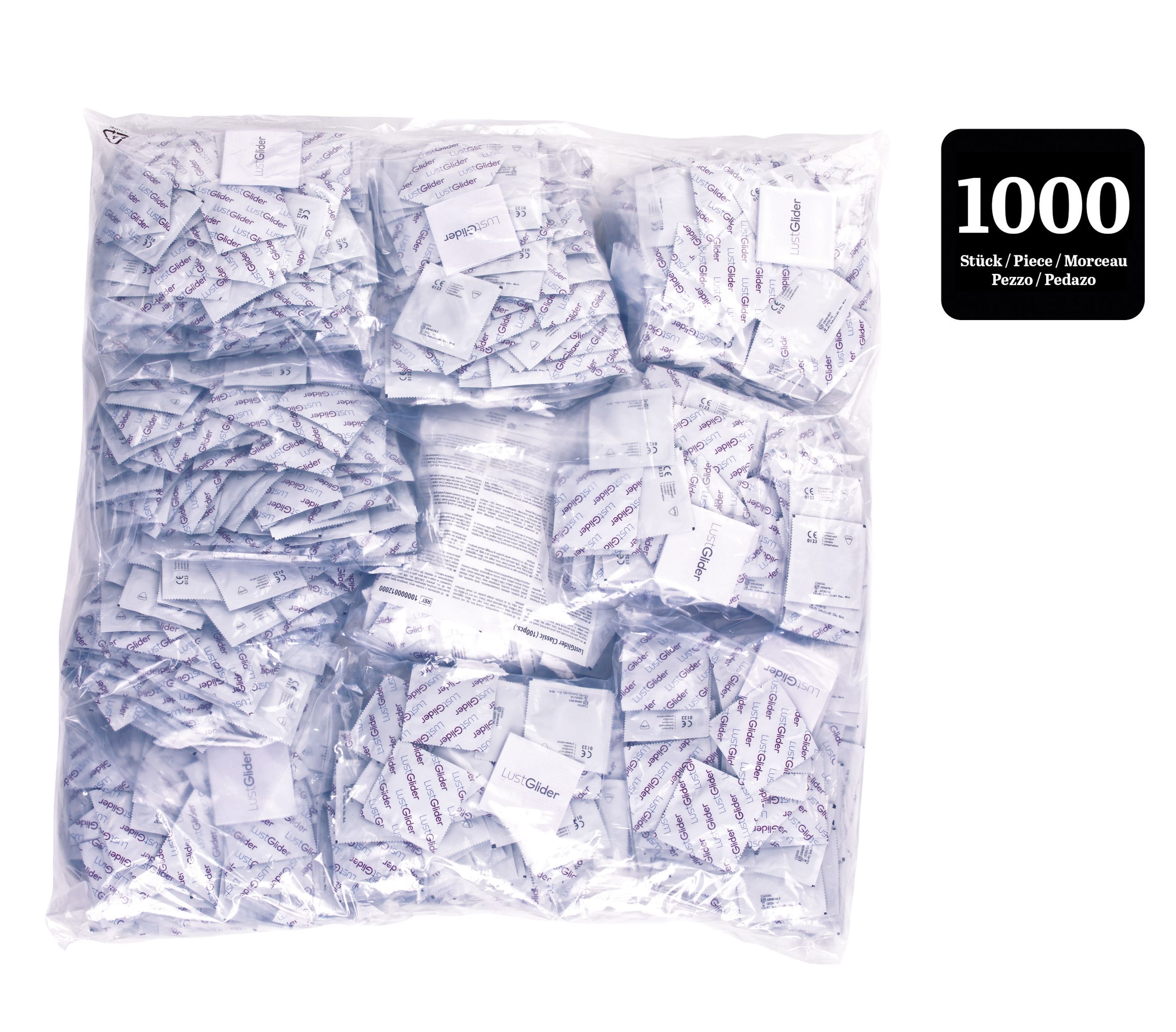 Großpackung mit 1000 einzeln verpackten Artikeln, weiß mit blauen Mustern.