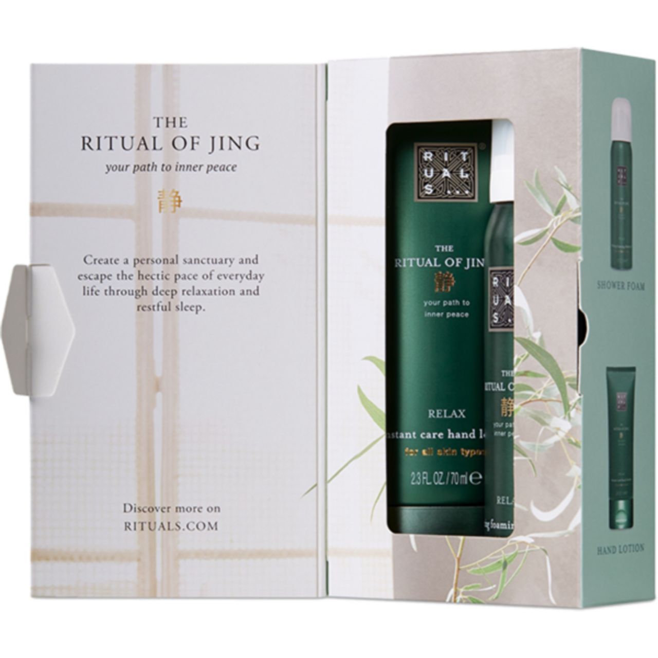 Geschenkset mit Handlotion und Duschschaum. Verpackung mit Produktnamen und Logo. Grün und weiß.