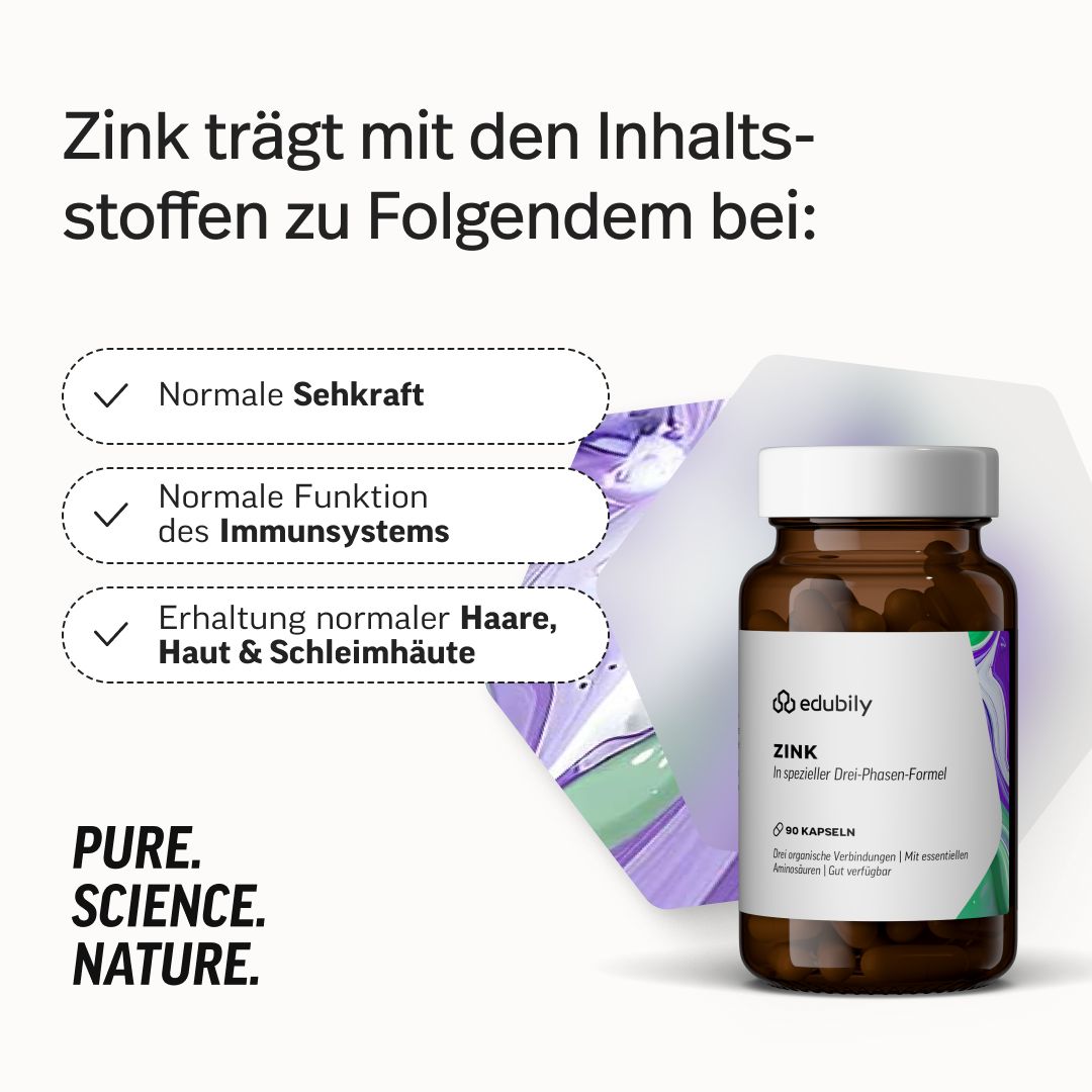 Flasche Zink Komplex Kapseln von edubily. Vorteile: Normale Sehkraft, Immunsystem, Haare, Haut & Schleimhäute. Pure. Science. Nature.