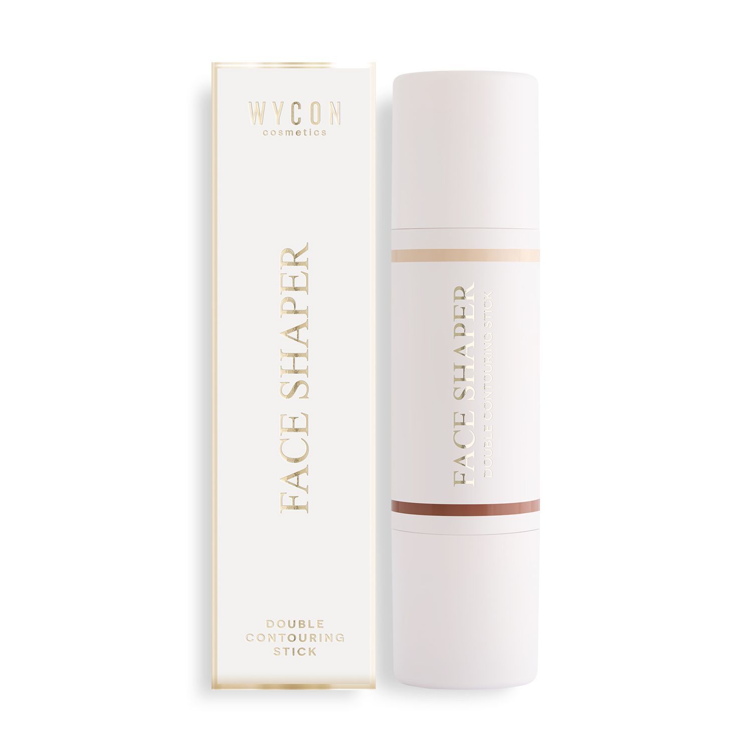 WYCON Cosmetics Face Shaper Double Contouring Stick 02 Medium e confezione. Il bastoncino è bianco e cilindrico, con tonalità marrone chiaro e scuro. La confezione è bianca con testo dorato, tra cui "FACE SHAPER".