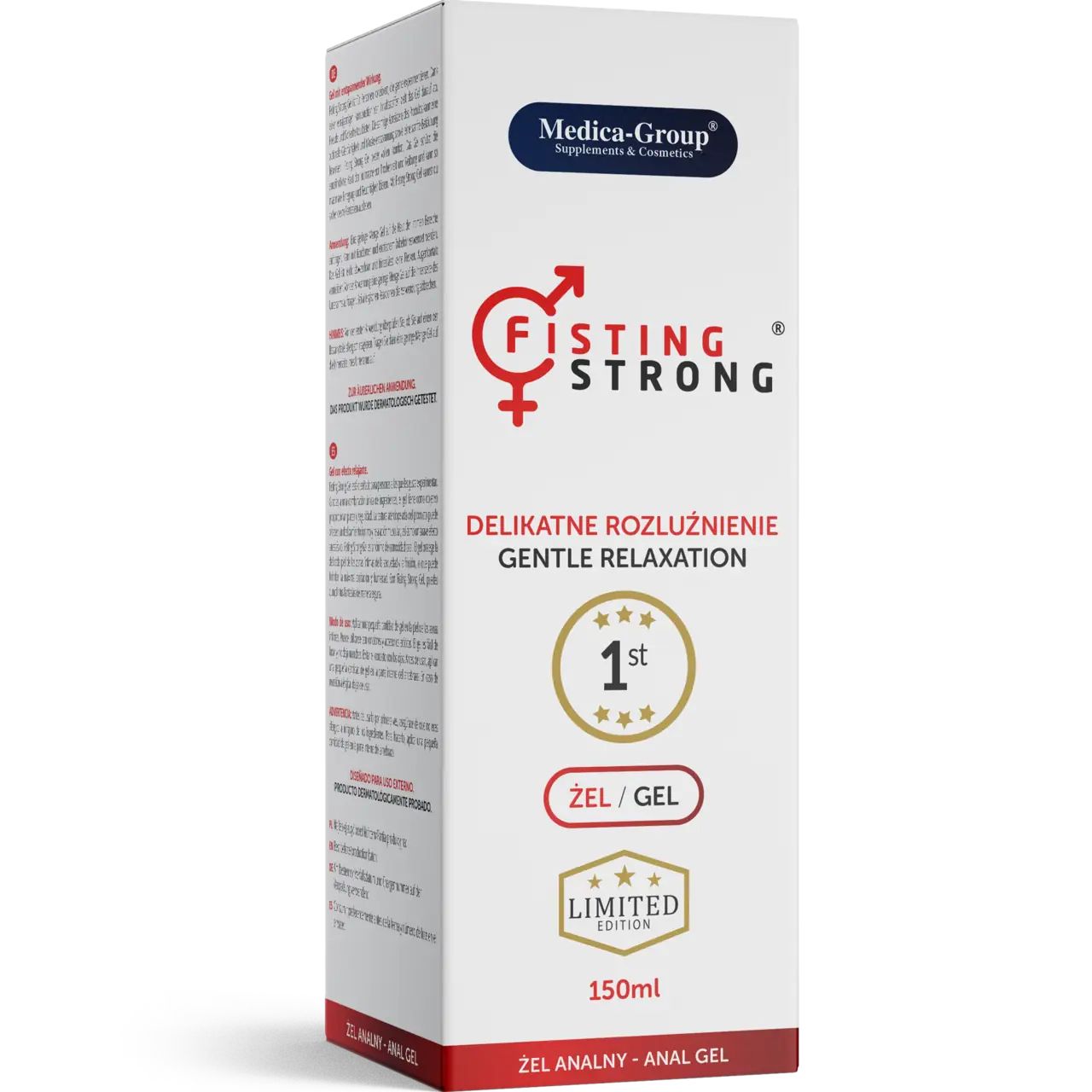 Weiße Produktverpackung mit Aufschrift: FISTING STRONG, DELIKATNE ROZLUŹNIENIE, GENTLE RELAXATION, ZEL/GEL, LIMITED EDITION, 150ml.