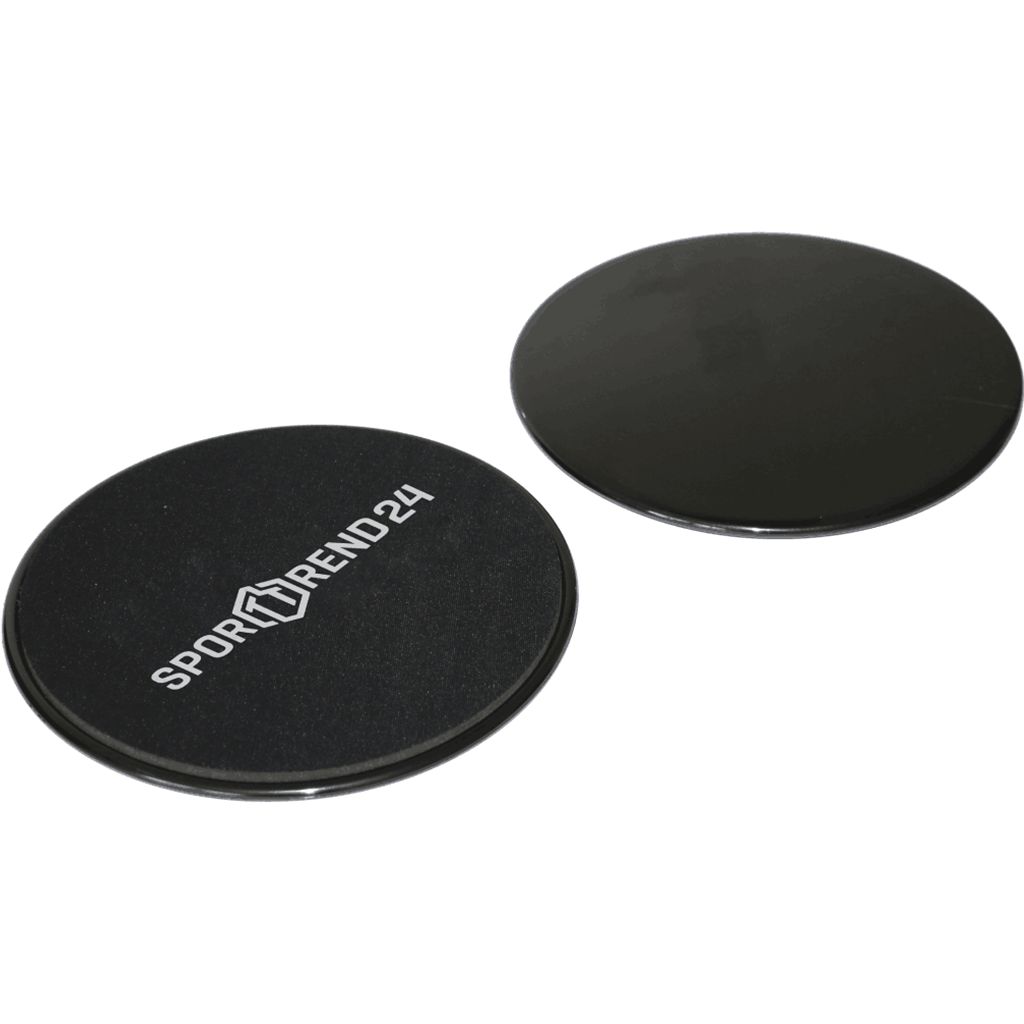 Zwei schwarze Sporttrend24 Slide Pads. Runde Form, eine Seite mit Logo, andere glatt.