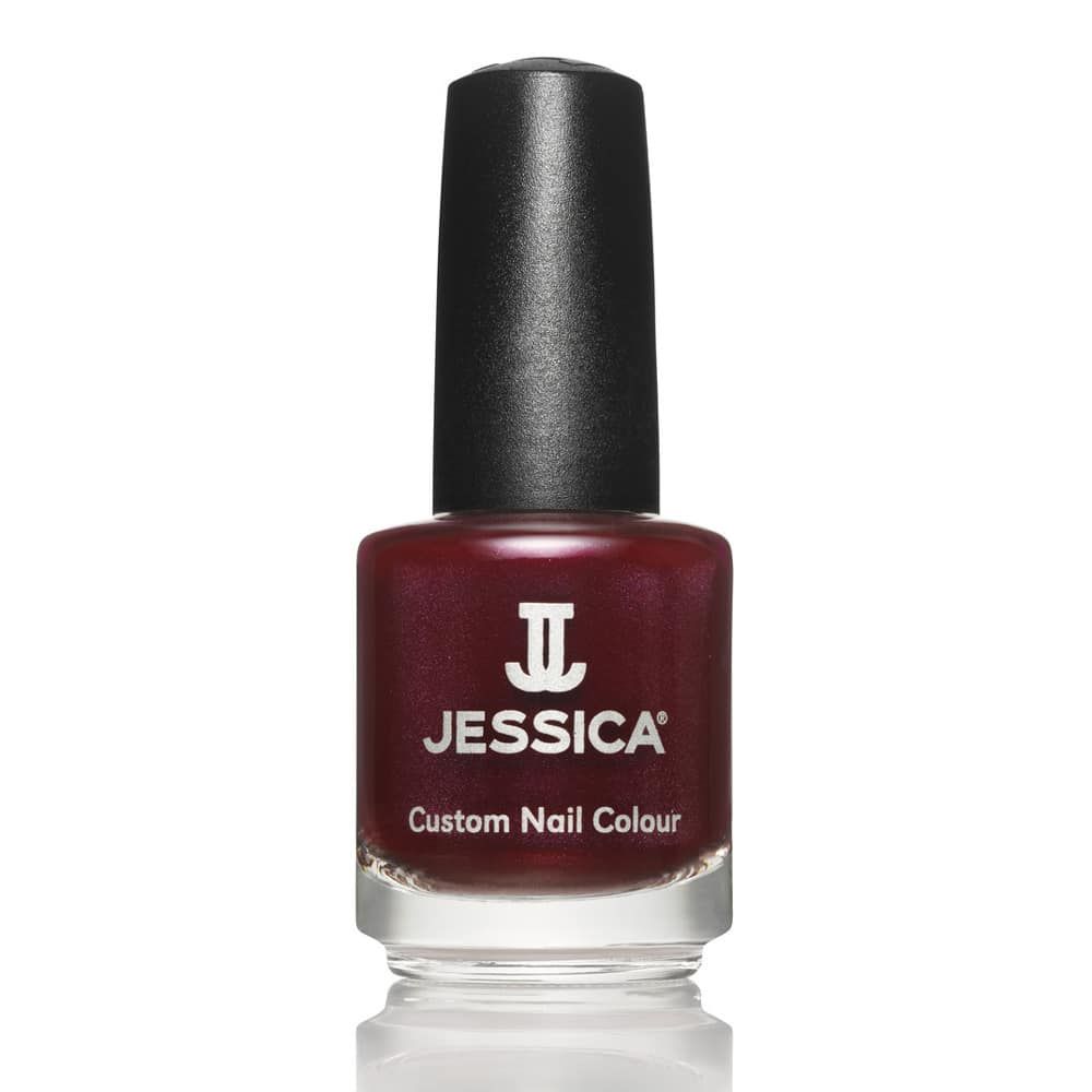 Nagellackflasche mit schwarzem Deckel. Aufschrift: JESSICA Custom Nail Colour. Farbe: Dunkelrot.
