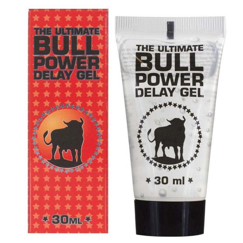Gel-Tube und Schachtel. Aufschrift: THE ULTIMATE BULL POWER DELAY GEL. Logo: Stier. Volumen: 30 ml. Rote Schachtel mit Sternen.