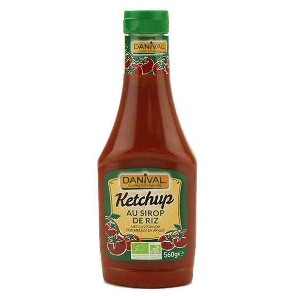 Tomatenketchup-Flasche mit grünem Deckel. Aufschrift: Danival, Ketchup, Au sirop de riz. Bio-Siegel. 560g.