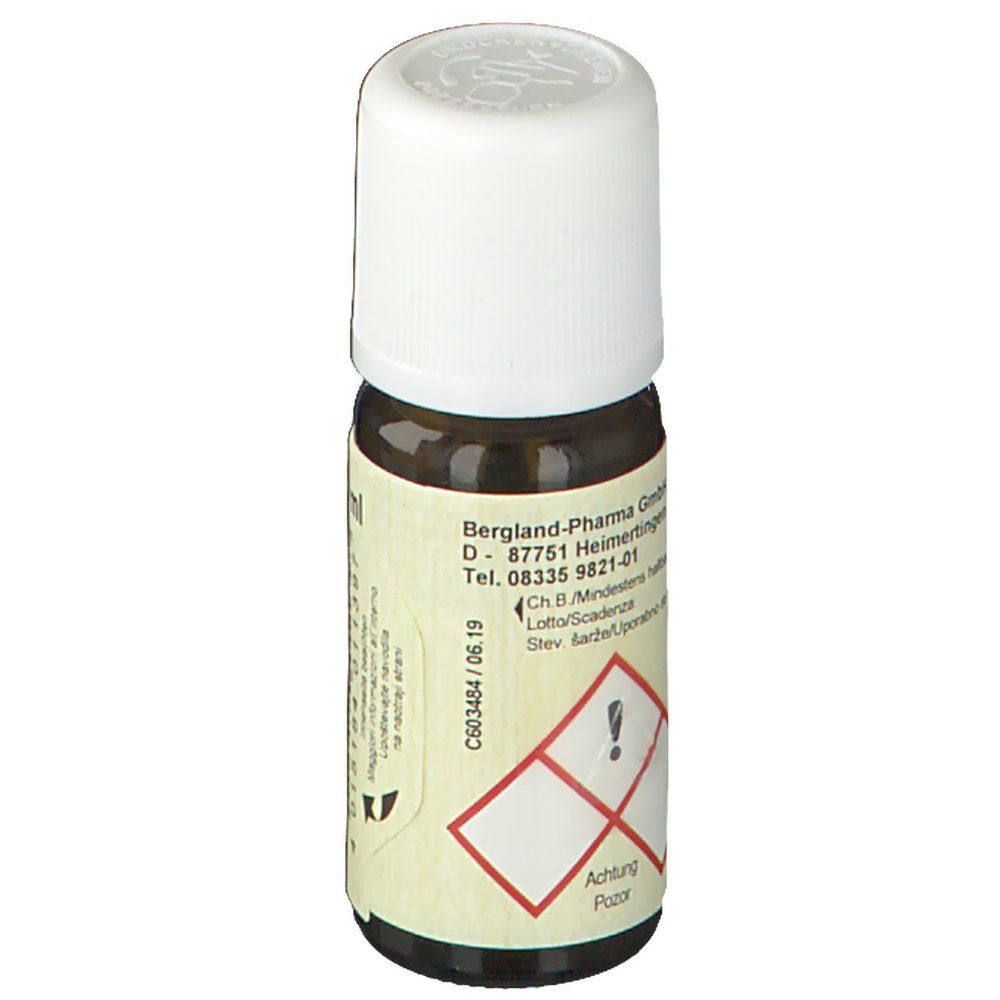 Braune Glasflasche mit weißem Deckel. Etikett mit Text und Gefahrensymbolen. Aufschrift: Bergland-Pharma.