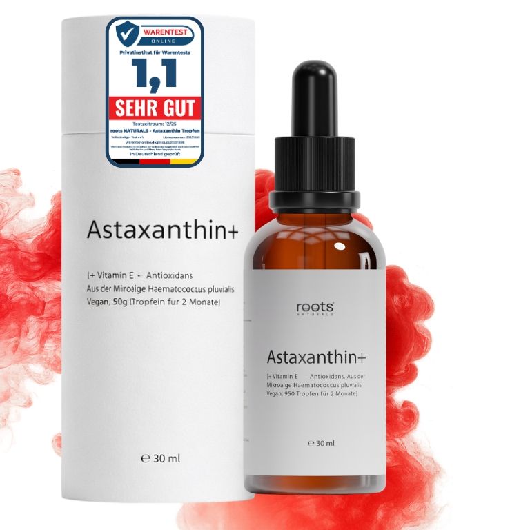 Produktverpackung mit Astaxanthin+ Tropfen. Flasche mit Etikett, 30 ml. Auszeichnung: Sehr gut. Weiße Verpackung.