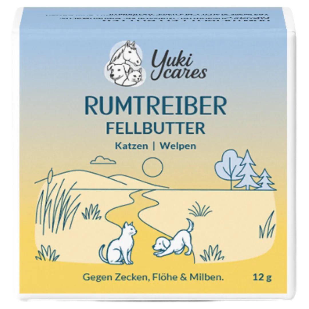 Produktverpackung: Yuki cares Rumtreiber Fellbutter. Text: Gegen Zecken, Flöhe & Milben. Illustrationen von Katze und Hund. 12g.