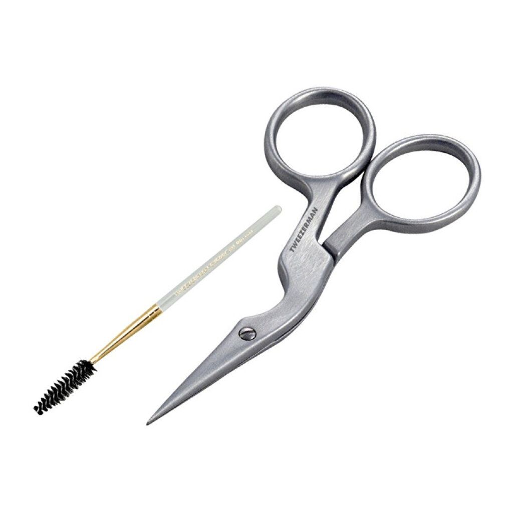 Augenbrauenschere und Bürste. Edelstahl. Bürste mit goldenem Griff. Schere mit gebogener Form. Marke: Tweezerman.