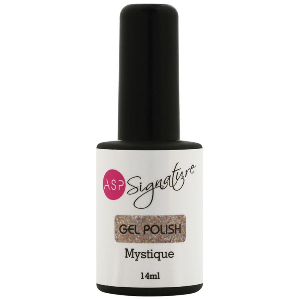 Nagellackflasche mit schwarzem Deckel. Etikett mit ASP Signature, Gel Polish, Mystique, 14ml.