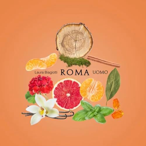 Komposition von Zutaten für Laura Biagiotti Roma Uomo. Orangefarbener Hintergrund. Früchte, Blüten, Gewürze.