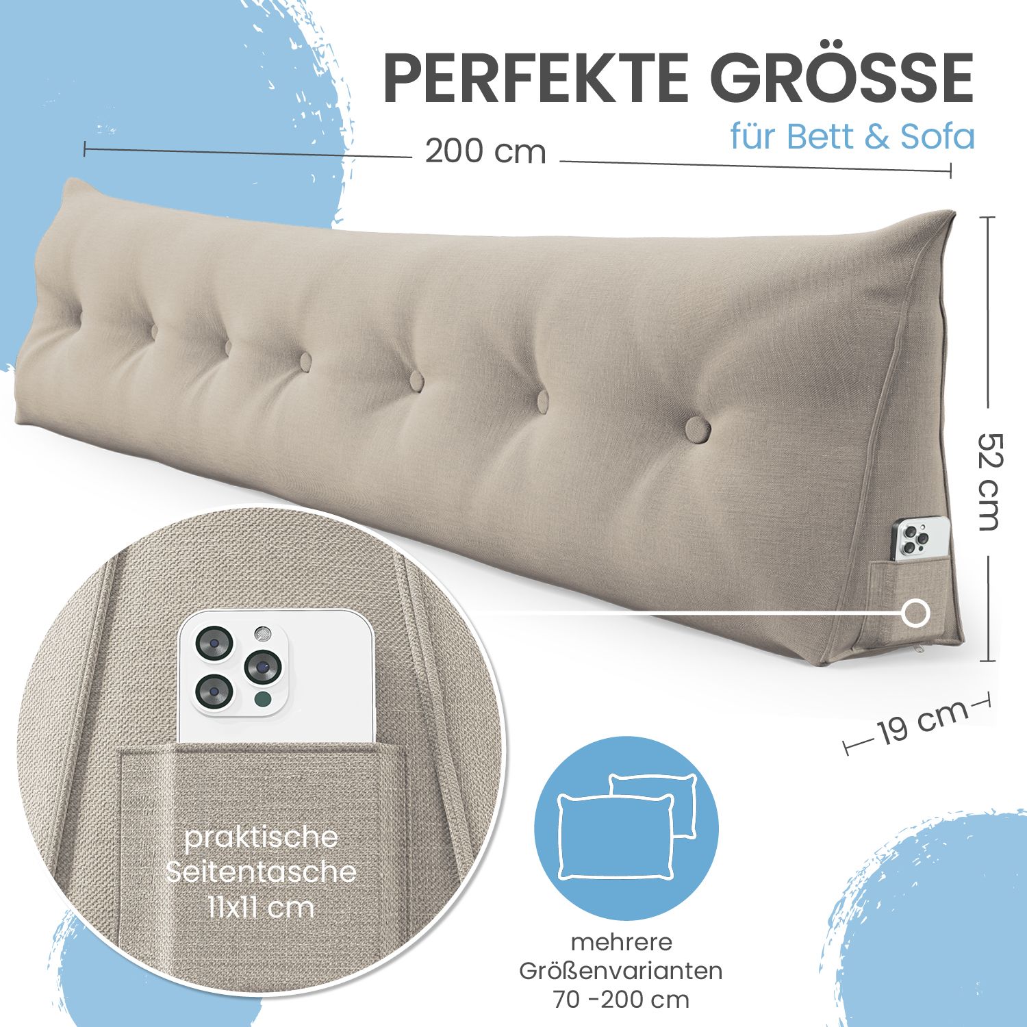 Beiges Stützkissen mit Knöpfen. Maße: 200x52x19 cm. Mit Tasche für Smartphone. Text: Perfekte Größe für Bett & Sofa.