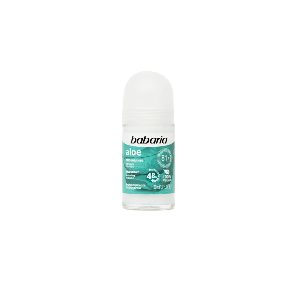 Babaria Aloe Vera Roll-on-Deodorant. Weißer Deckel, transparente Flasche. Text: Aloe, Desodorante, 0% Alkohol, 48h Schutz, 100% vegan.