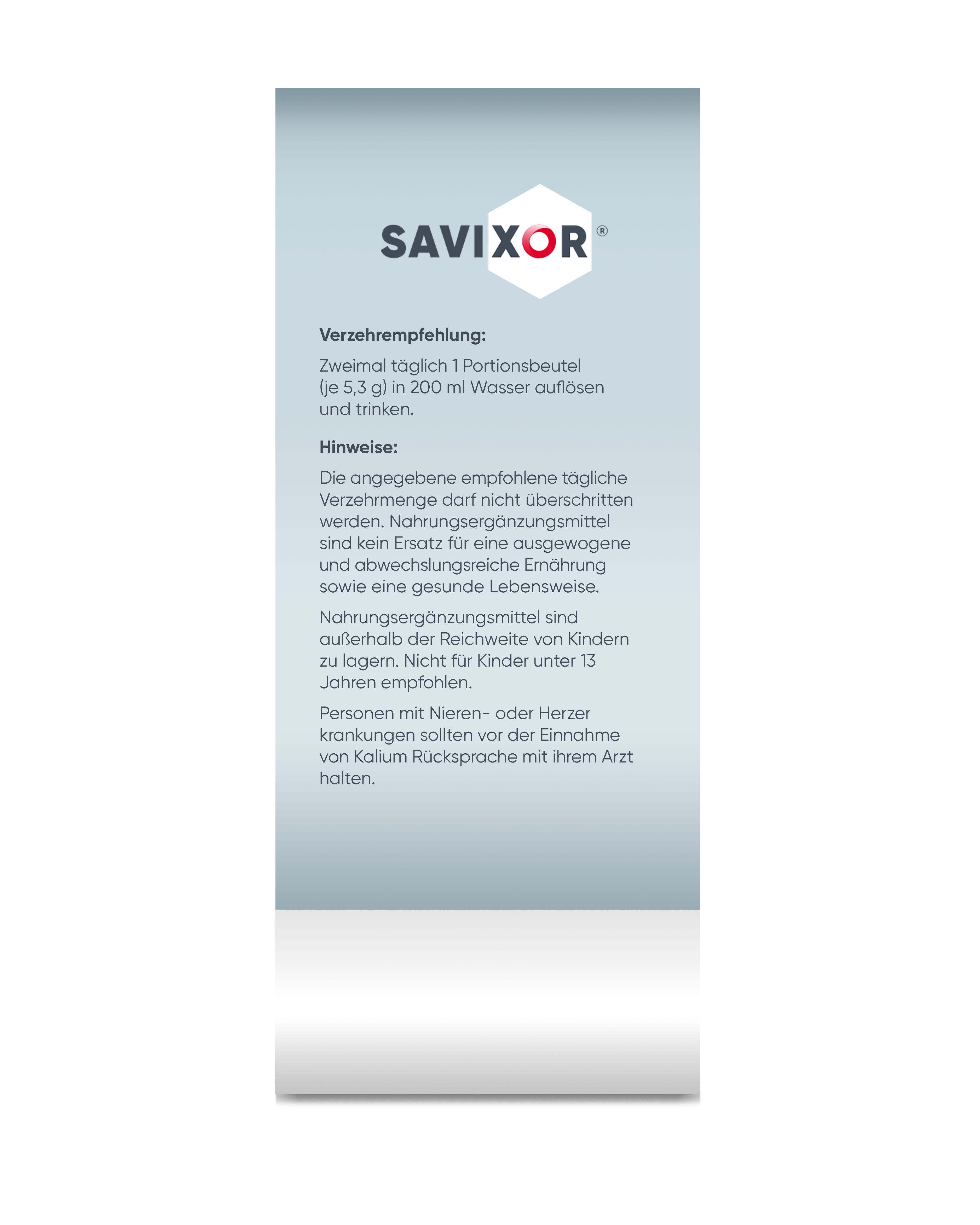 Savixor HydriaX Elektrolyte Pulver, Sachet. Seitenansicht der Verpackung mit Verzehrempfehlung und Hinweisen. Weißer Hintergrund.