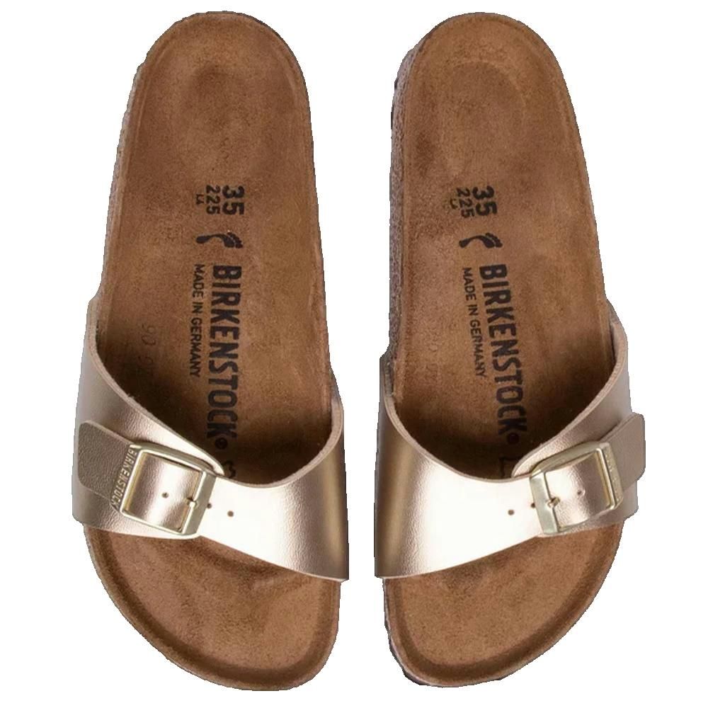 Due sandali dorati. Plantare in sughero, suola marrone. Birkenstock Madrid Bs stretta, taglia 35.