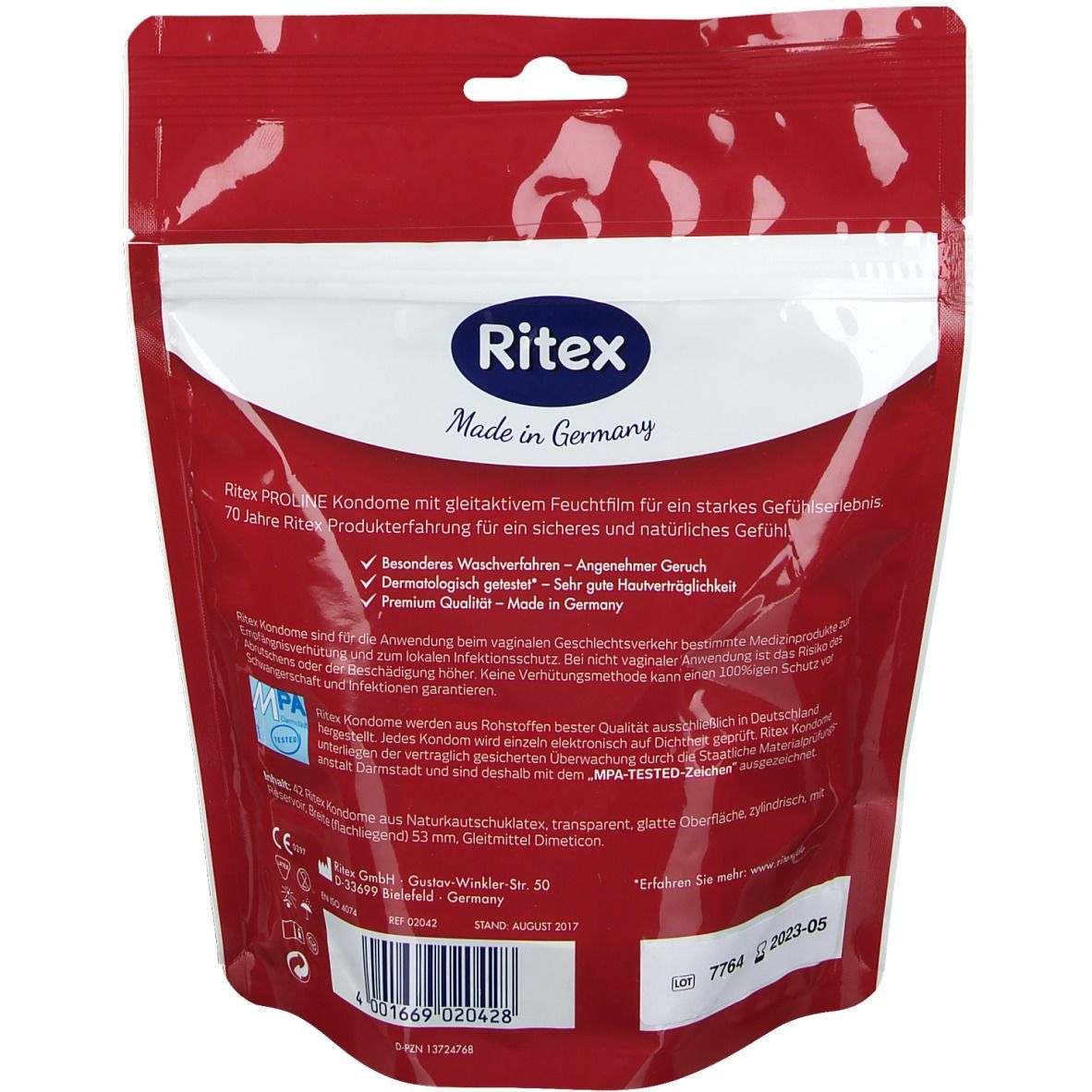 Rückseite der roten Verpackung. "Ritex"-Logo. Text über Produktmerkmale und Qualität. Produktions- und Verfallsdatum.