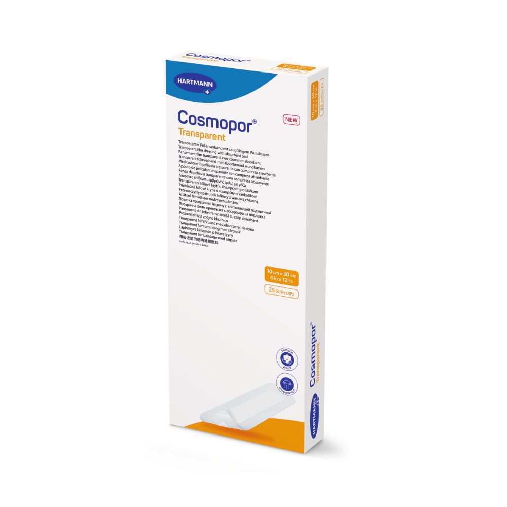 Verpackung Cosmopor transparent. Aufschrift: Hartmann, 10x30 cm, 25 Stück, steril.