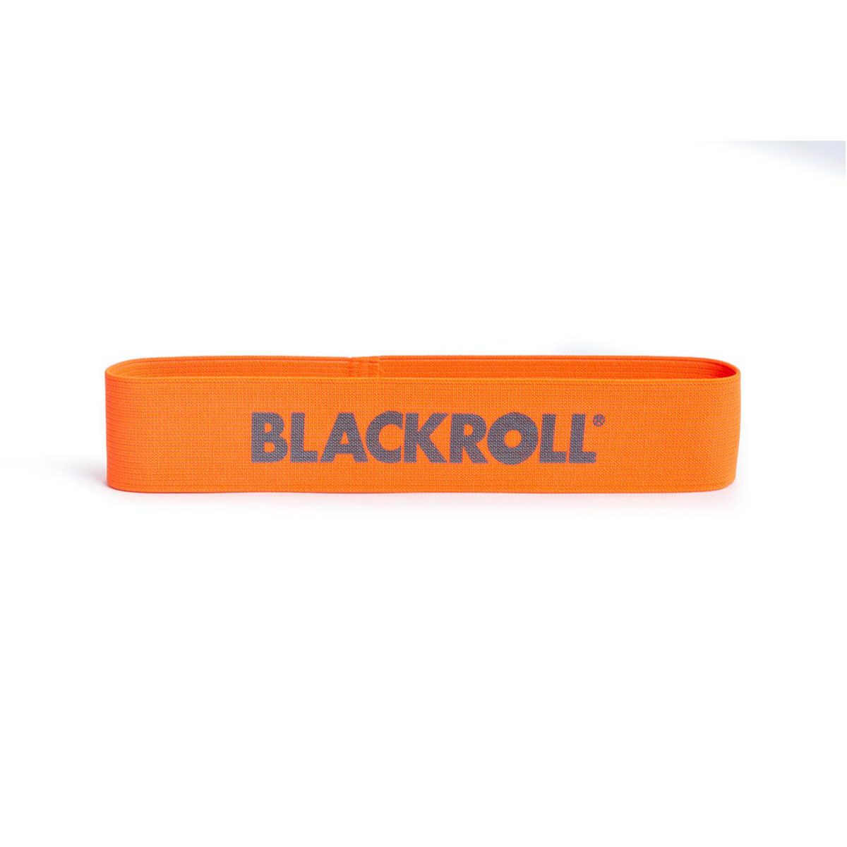 Orangenes Loop Band mit grauem BLACKROLL-Schriftzug. Rechteckige Form.
