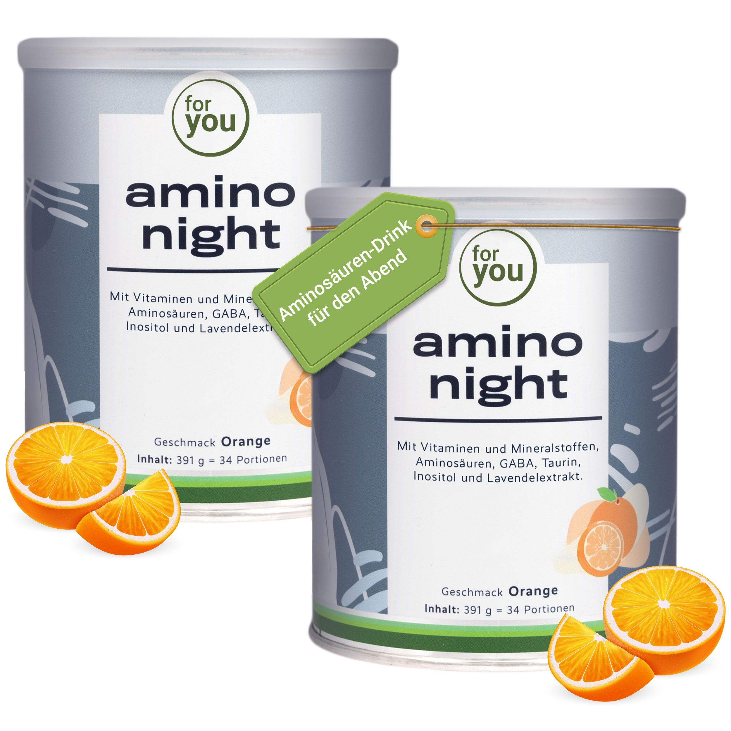 Zwei Dosen "amino night" Aminosäuren-Getränk, Geschmack Orange. Enthält Vitamine, Mineralstoffe, Aminosäuren, GABA, Taurin, Inosit und Lavendelextrakt.