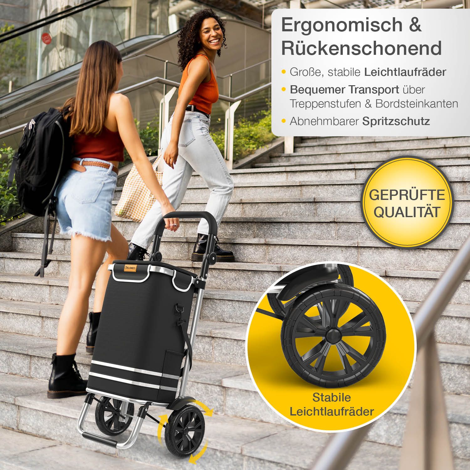 Zwei Frauen mit Einkaufstrolley auf Treppe. Schwarzer Trolley mit silbernen Akzenten. Geprüfte Qualität.