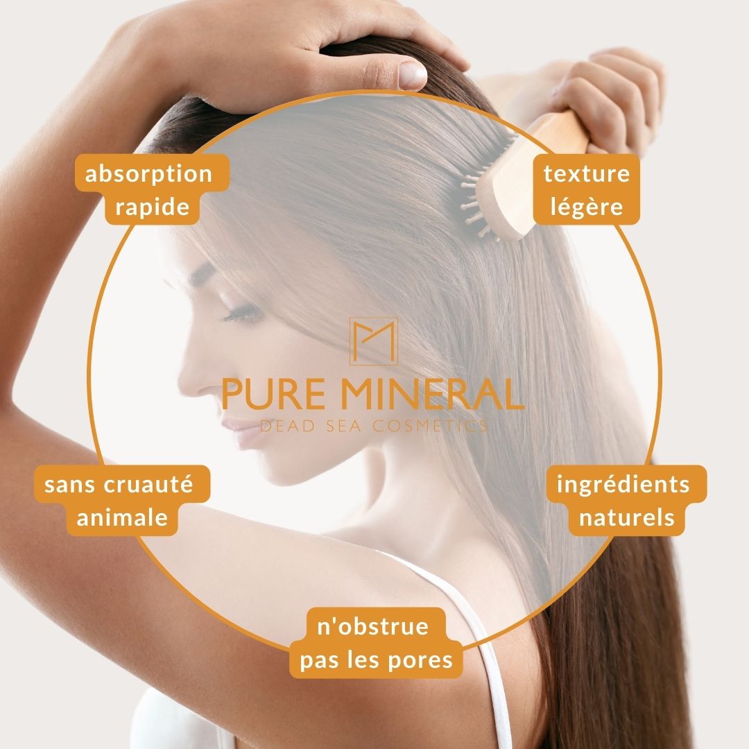 Femme avec brosse à cheveux. Texte : Absorption rapide, texture légère, sans cruauté, ingrédients naturels.