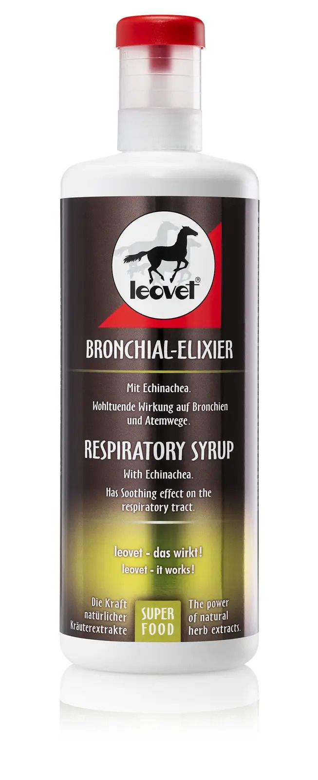 Flasche mit Etikett. Leovet Bronchial-Elixier, Respiratory Syrup. Logo und Text sichtbar.
