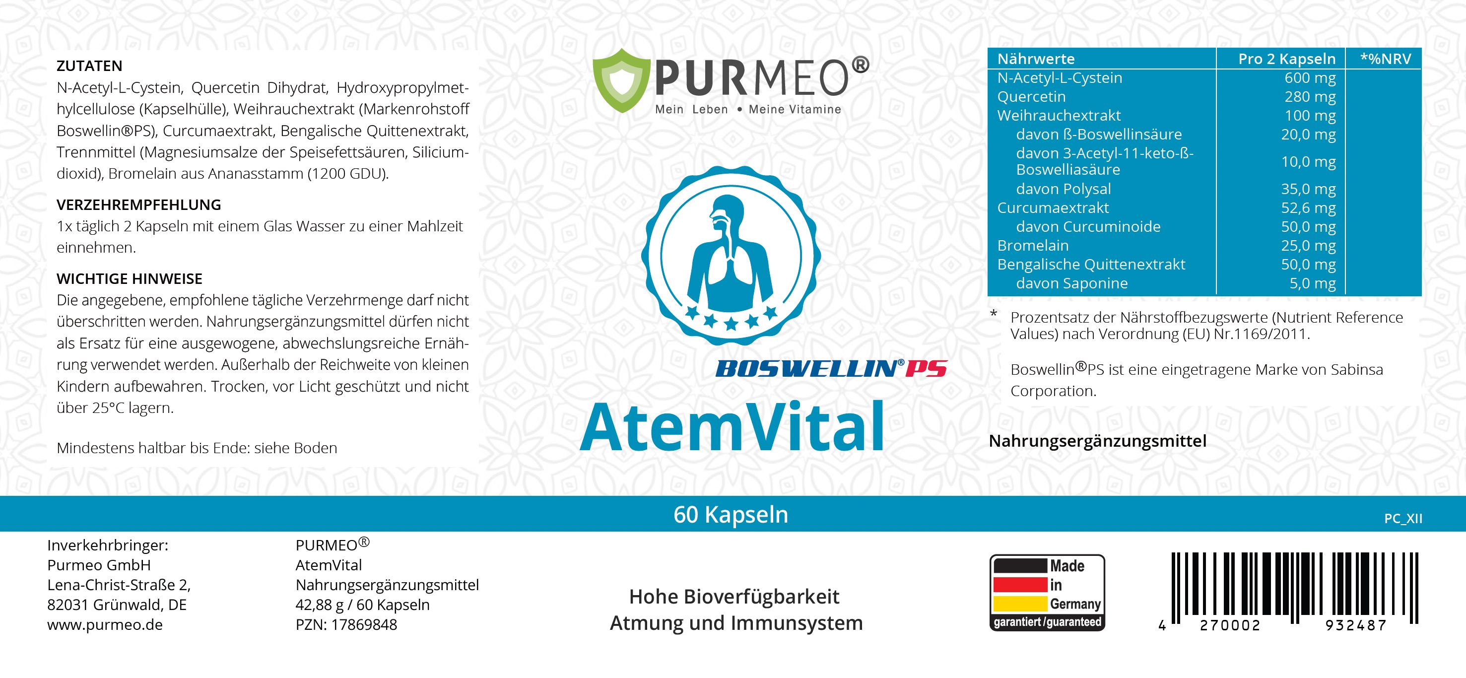 Etikett mit Produktinformationen. PURMEO AtemVital, 60 Kapseln. Inhaltsstoffe und Nährwertangaben. Made in Germany.
