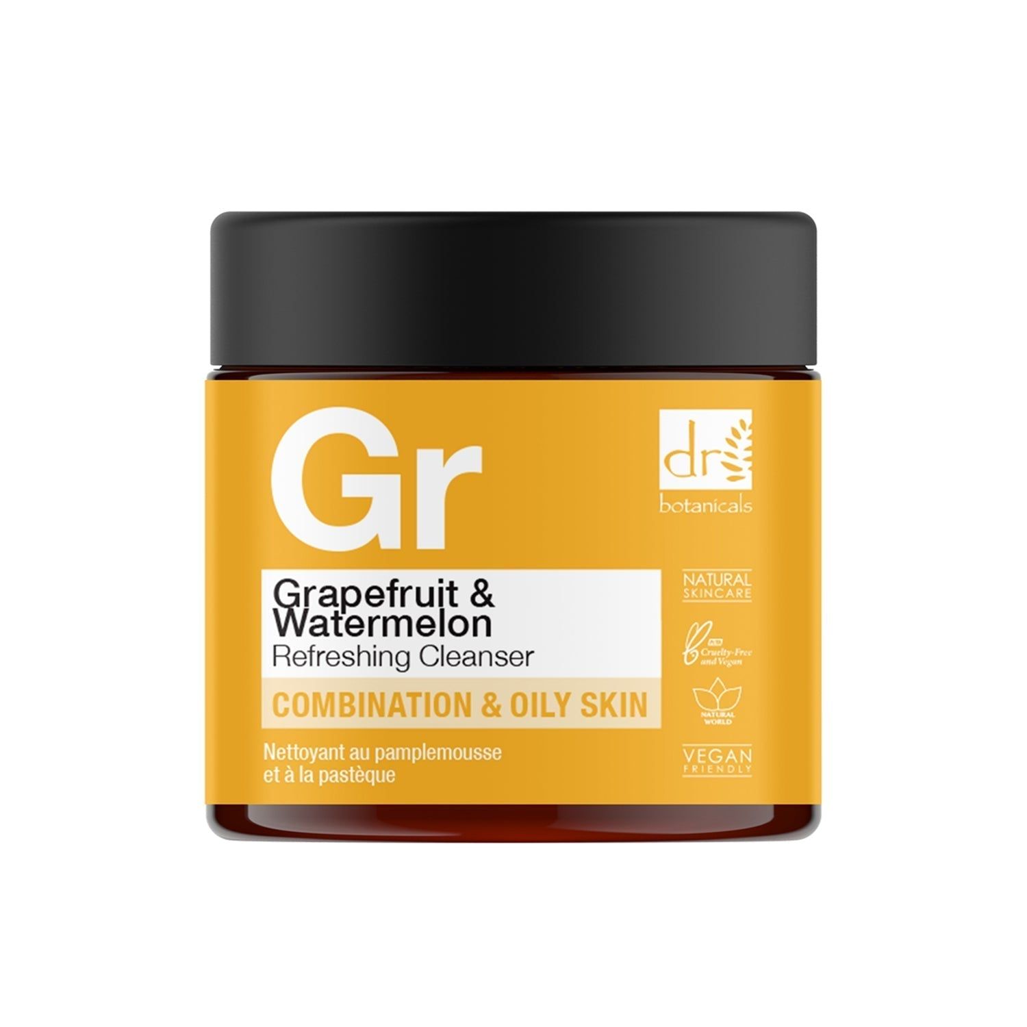 Gelbes Tiegel mit schwarzem Deckel. Aufschrift: Grapefruit & Watermelon Refreshing Cleanser. Kombination & ölige Haut. Vegan.