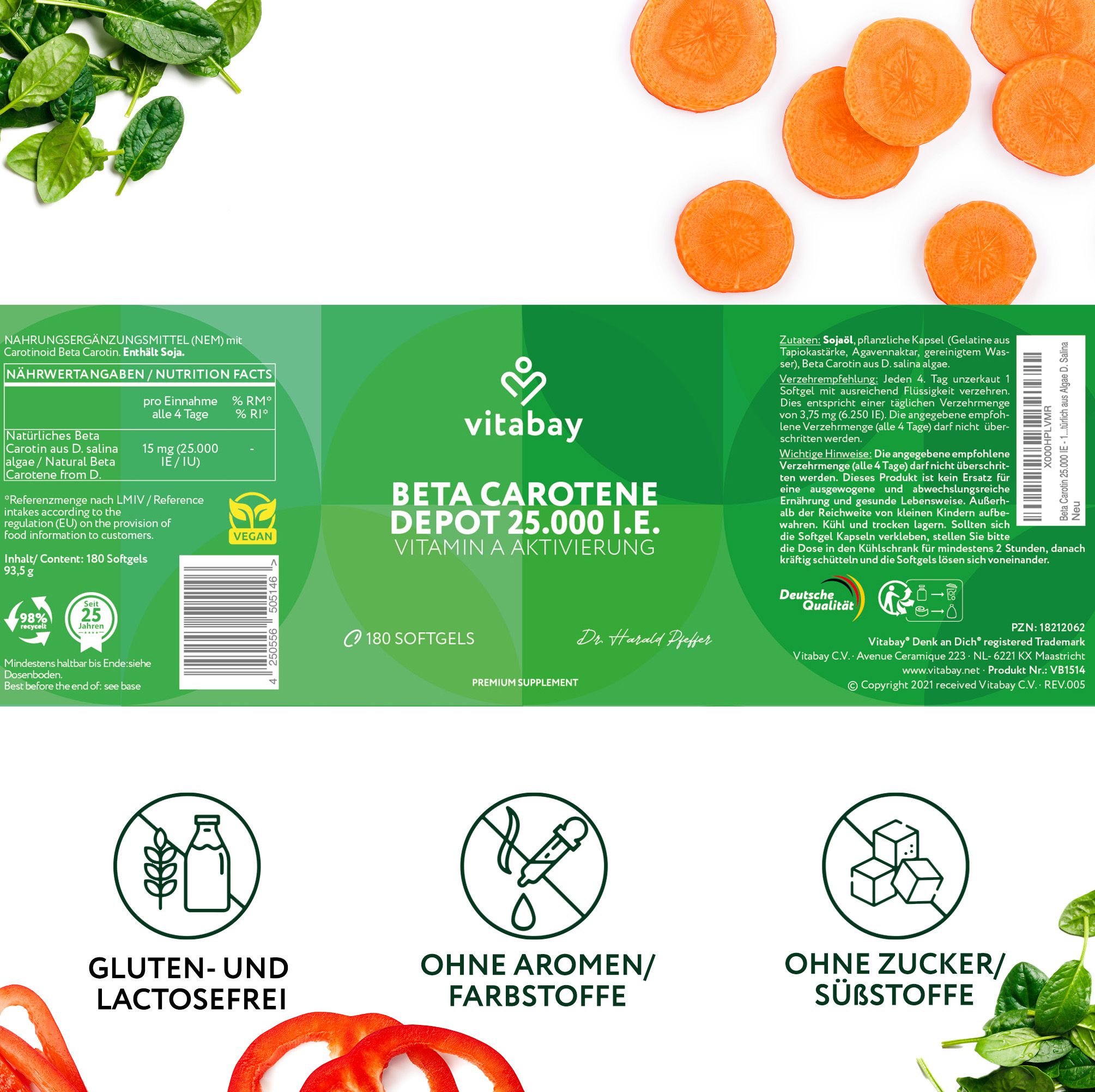 Nahaufnahme der Rückseite einer Produktverpackung. Text: "Vitabay Beta Carotene Depot 25.000 I.E.", daneben Informationen und Logos.