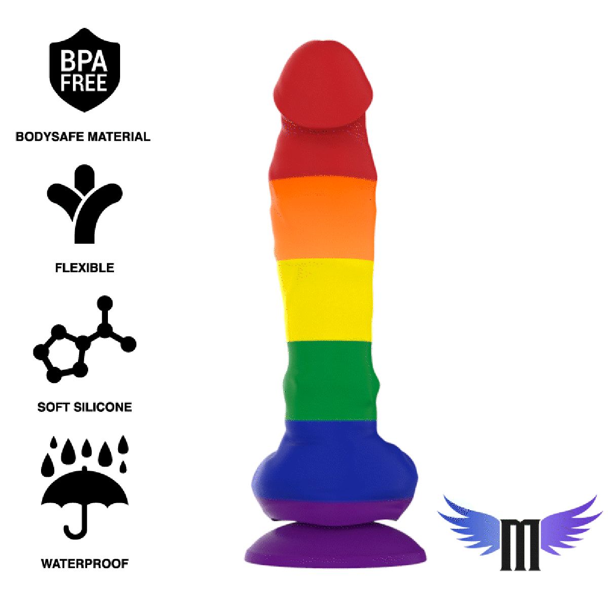 Regenbogenfarbiger Dildo mit Saugnapf. Logos: BPA Free, Flexible, Soft Silicone, Waterproof. Marke: Mythology.