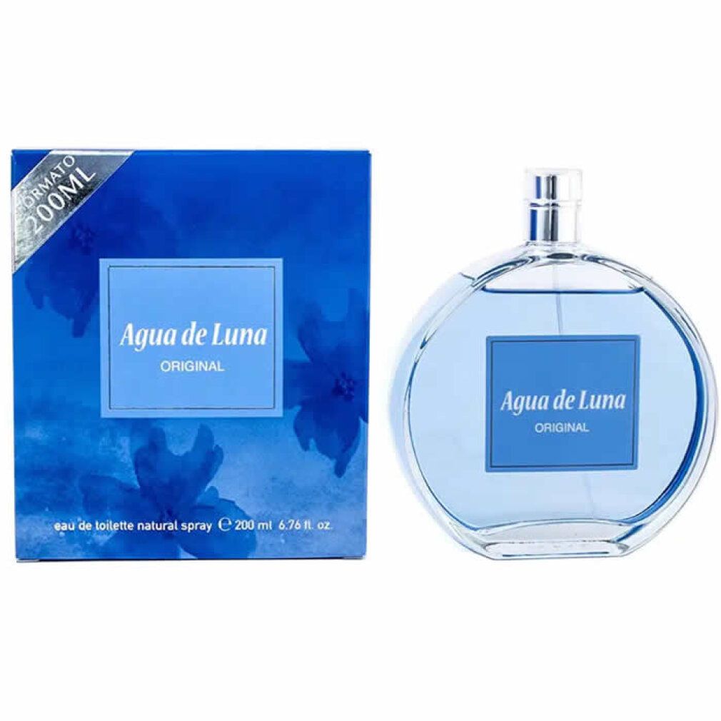 Flakon und Verpackung. Flakon rund, hellblau. Verpackung blau mit "Agua de Luna". Text: "Original", "200ml".