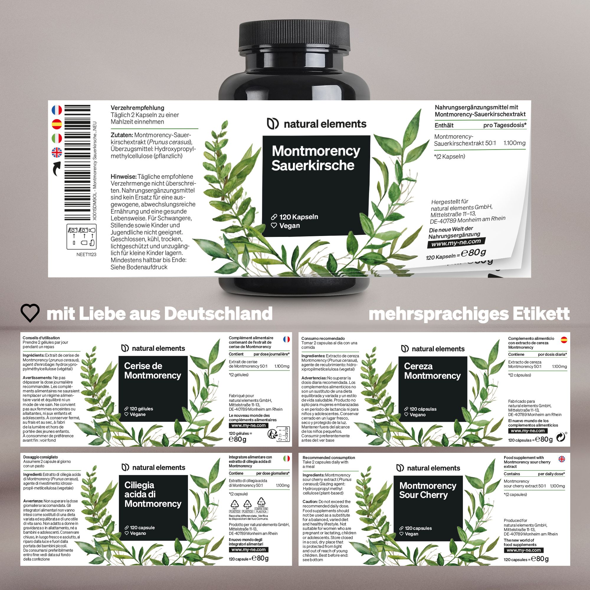 Produktetikett mit mehrsprachigen Texten. Marke: natural elements. Aufschrift: Montmorency Sauerkirsche, 120 Kapseln.