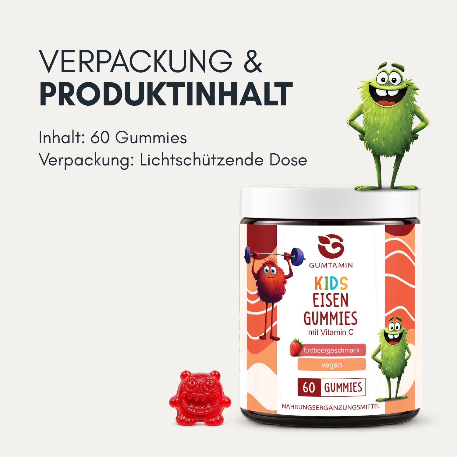 Dose GUMTAMIN Kids Eisen Gummies, 60 Stück, lichtschützend.