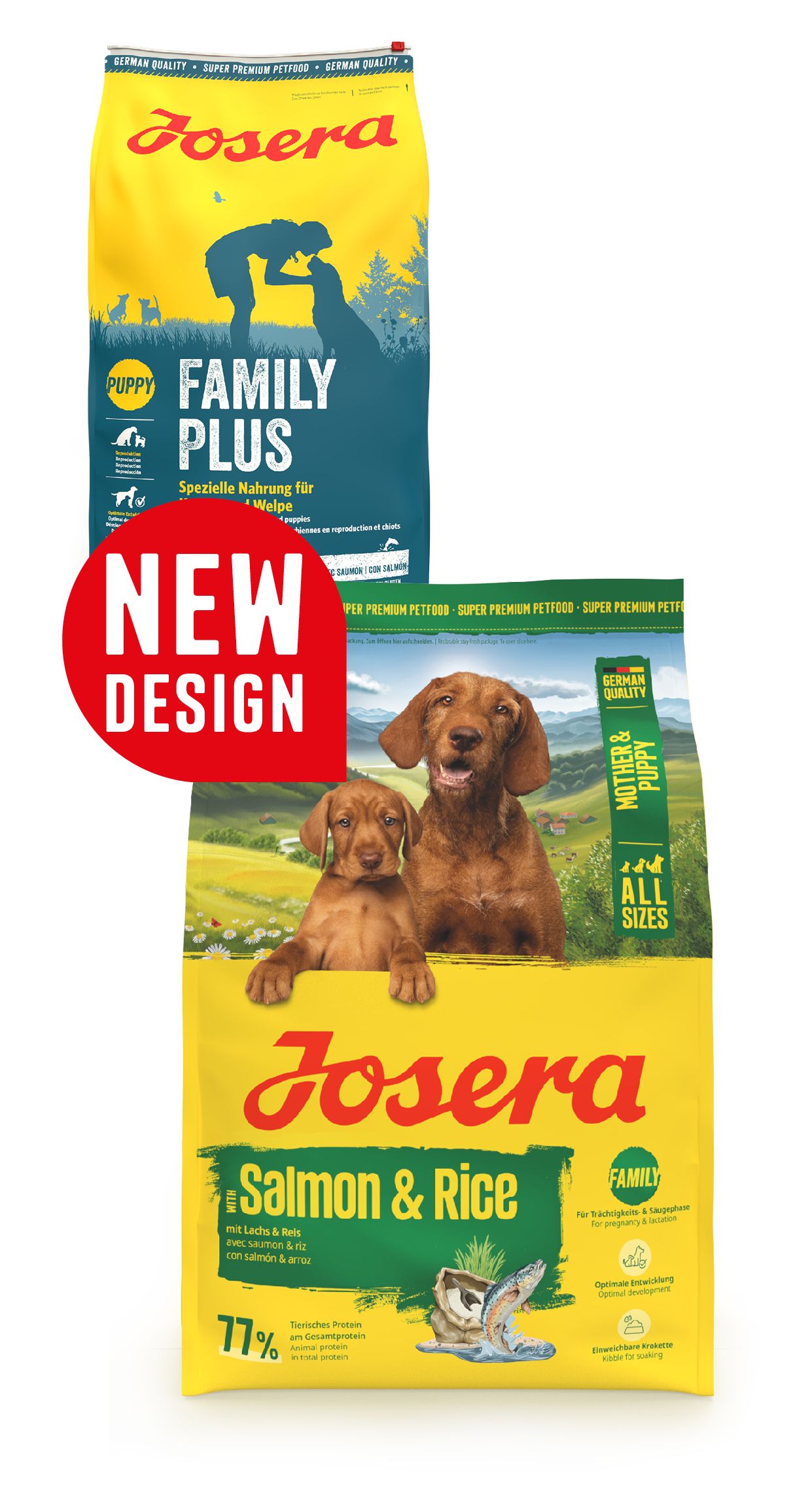 Josera Mother & Puppy Lachs & Reis Hundefutter-Sack mit zwei Hunden, daneben ein Sack mit "New Design".