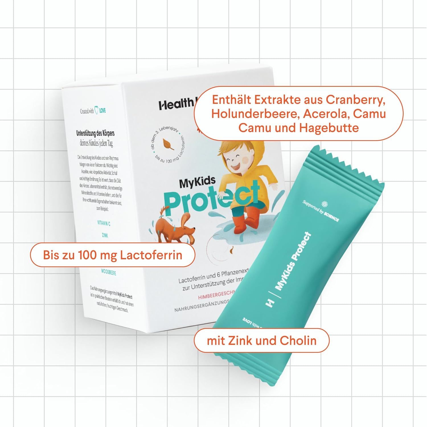 Produktverpackung und Beutel. Text: Enthält Extrakte aus Cranberry, Holunderbeere, Acerola, Camu und Hagebutte. Mit Zink und Cholin.