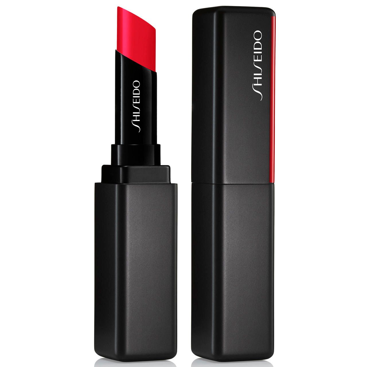 Lippenstift, rot, in schwarzer Hülle. Geöffnet und geschlossen. Marke Shiseido sichtbar.