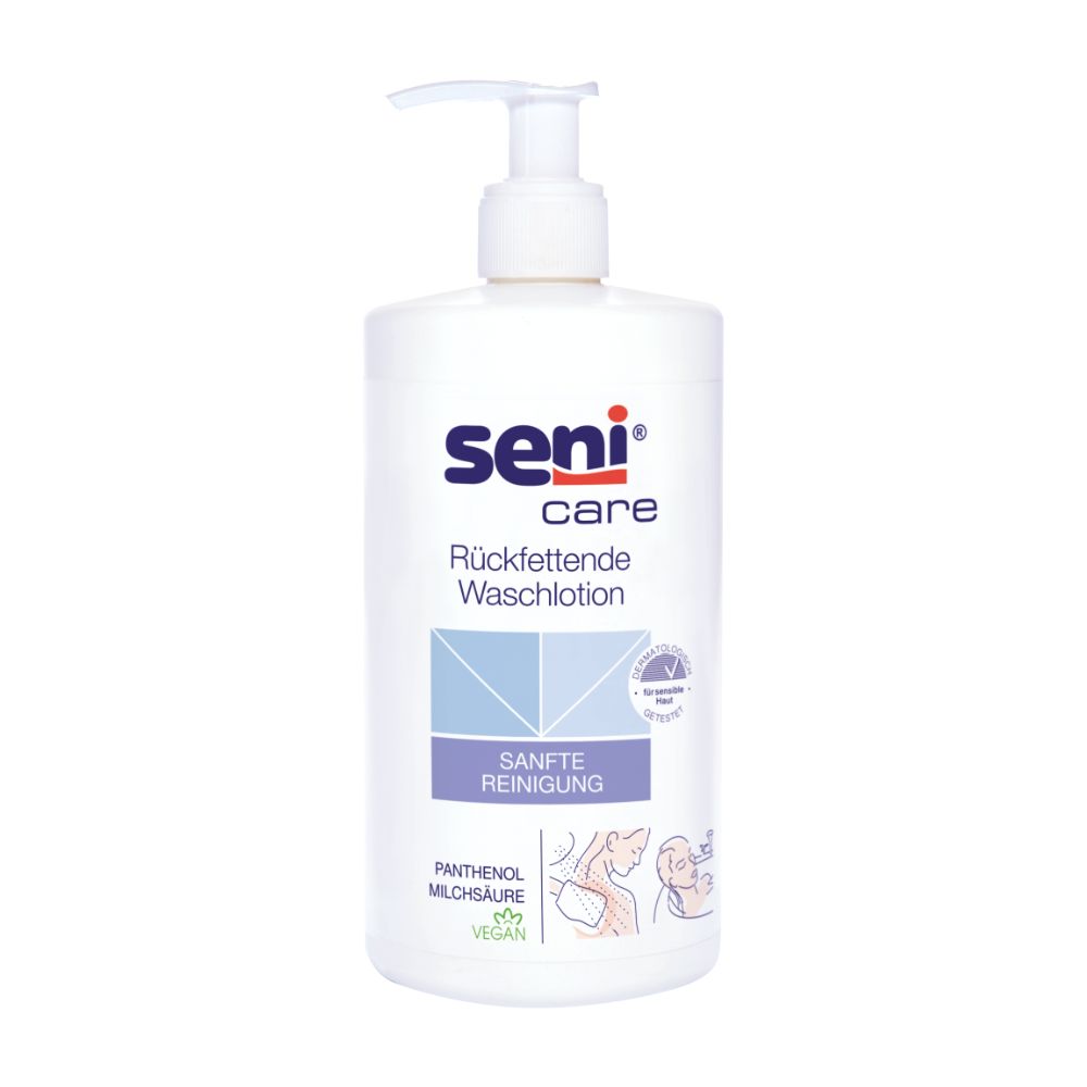 Weiße Flasche mit Pumpverschluss. Aufschrift: Seni Care Rückfettende Waschlotion. Enthält Panthenol und Milchsäure. Vegan.
