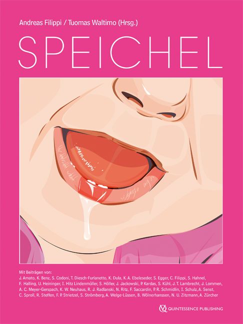 Buchcover mit dem Wort SPEICHEL. Illustration eines Mundes mit Zunge und Speichel. Autorennamen und Verlagslogo.