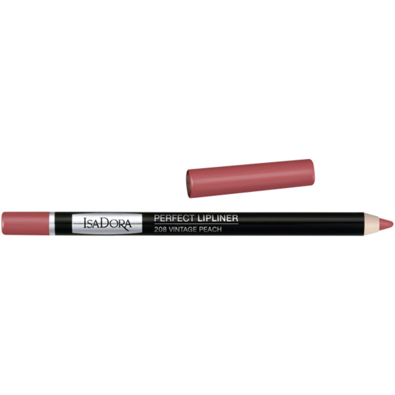 Lippenstift IsaDora Perfect Lipliner, Farbe 208 Vintage Peach. Schwarzer Stift mit rosafarbenem Stiftende und Kappe. Marke und Produktname sichtbar.